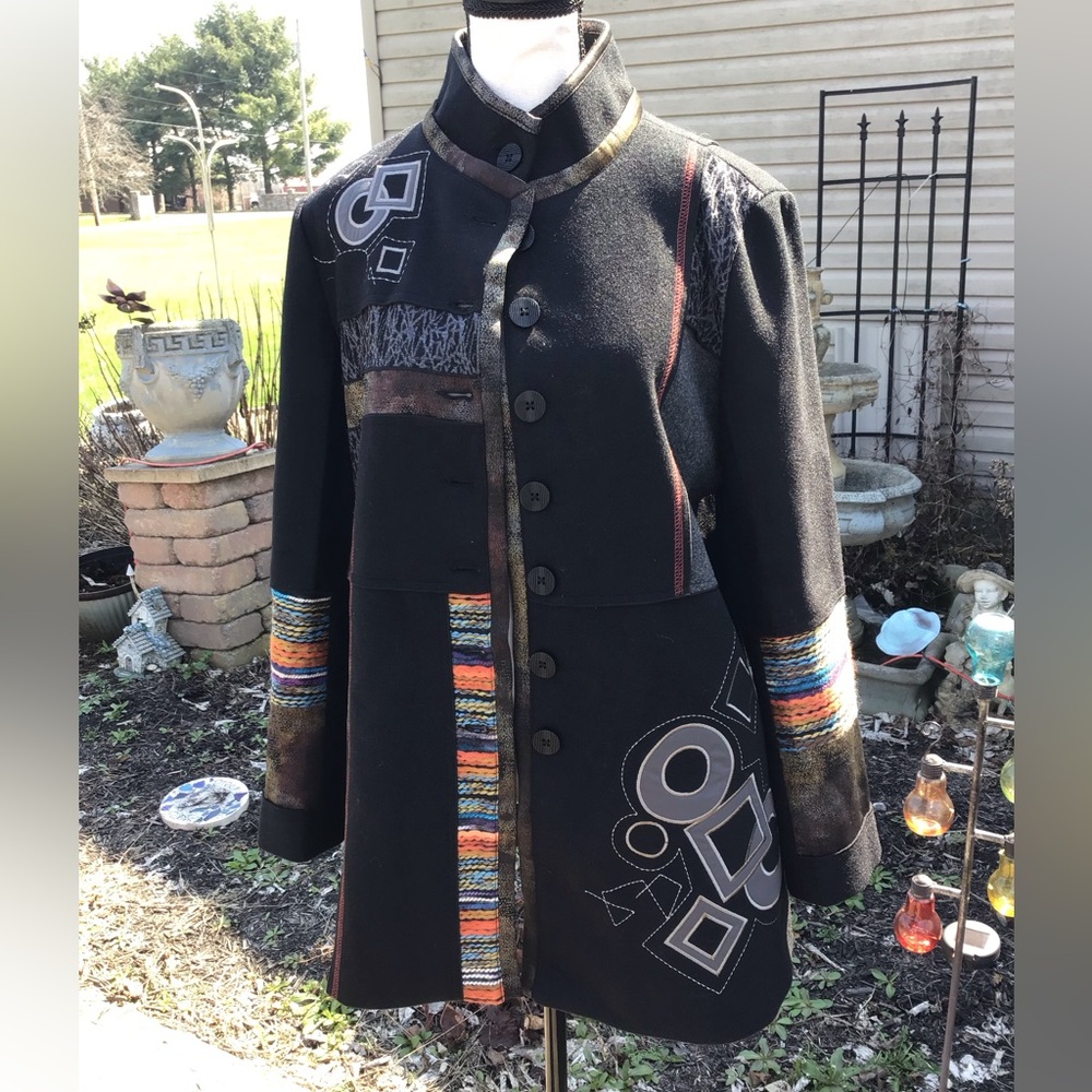 Ali Miles Black Patchwork Button-Front Coat with … - image 4